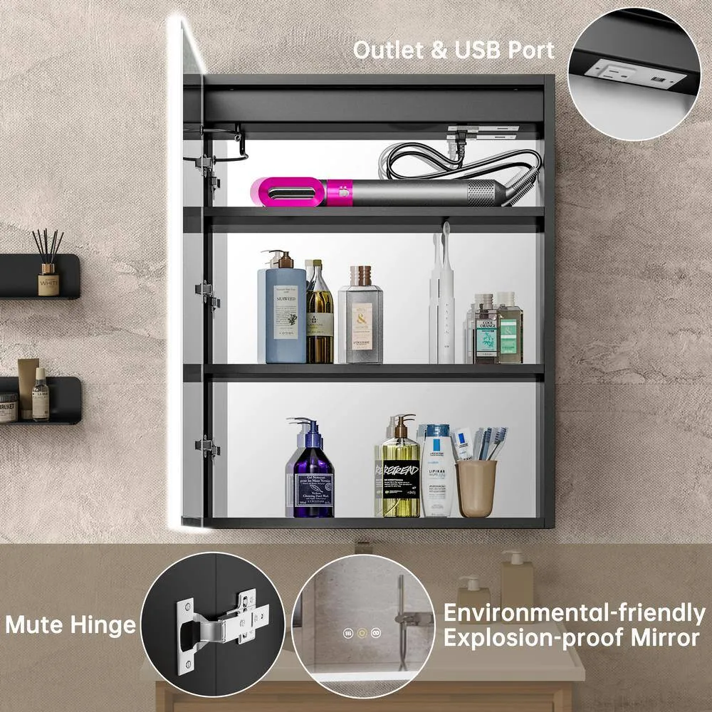 tunuo 24 in. W x 30 in. H Rectangular Black LED Light Anti-fog Aluminum Surface Mount Medicine Cabinet with Mirror, photo 7 of 9