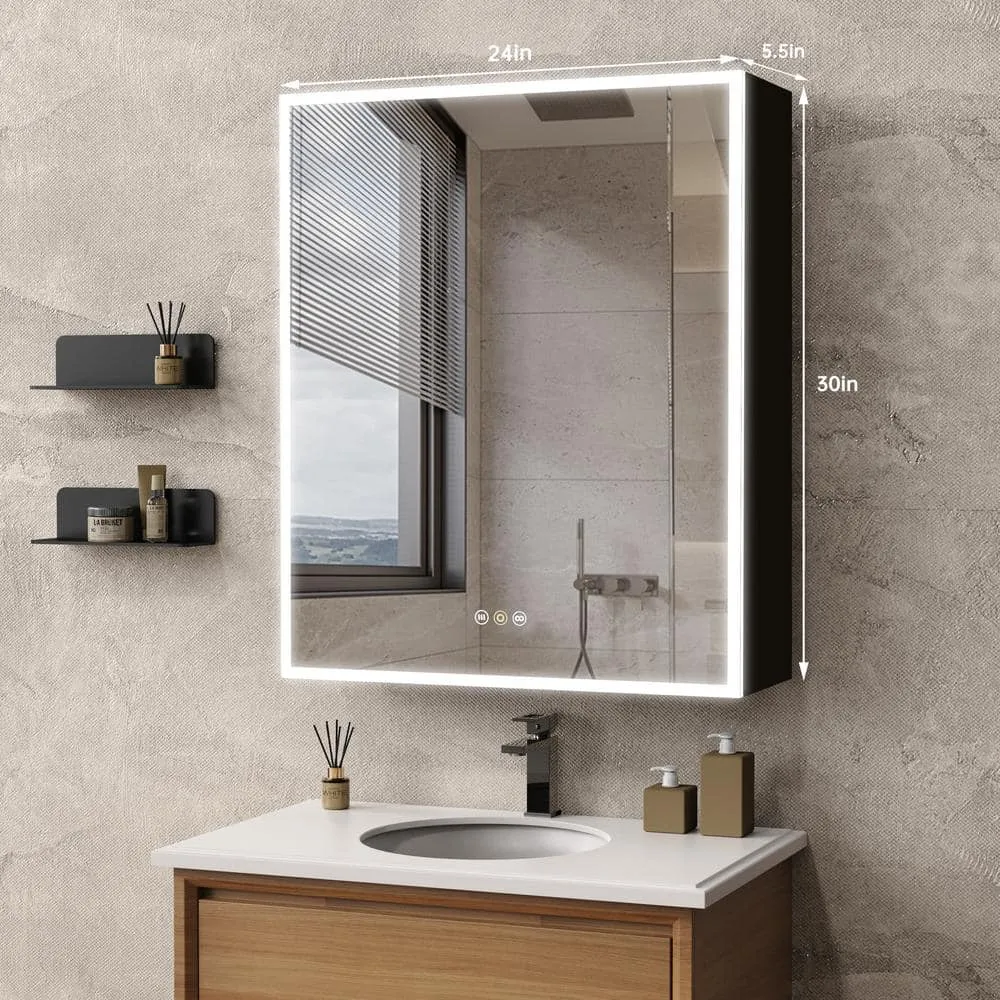 tunuo 24 in. W x 30 in. H Rectangular Black LED Light Anti-fog Aluminum Surface Mount Medicine Cabinet with Mirror, photo 9 of 9