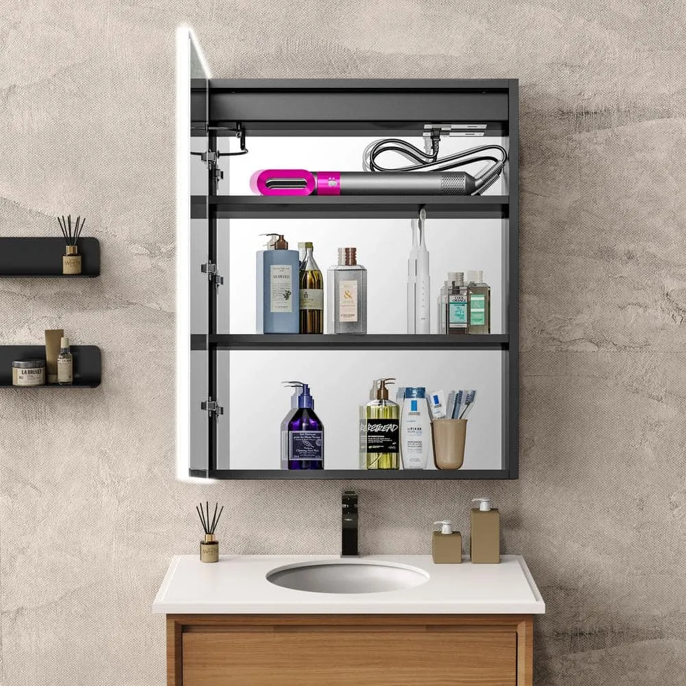 tunuo 24 in. W x 30 in. H Rectangular Black LED Light Anti-fog Aluminum Surface Mount Medicine Cabinet with Mirror, photo 4 of 9