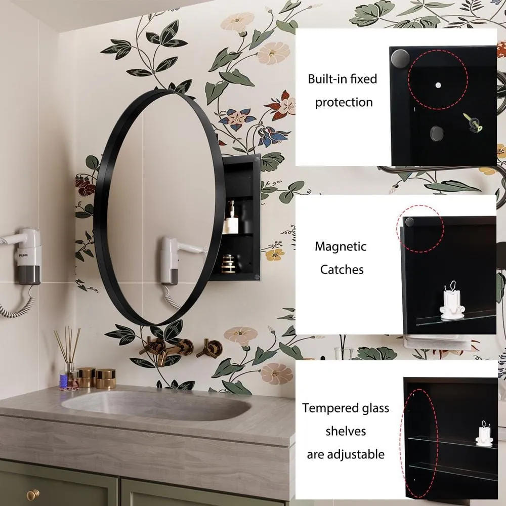 waterpar 31.5 in. W x 31.5 in. H Round Aluminum Medicine Cabinet with Mirror in Matte Black, photo 4 of 11
