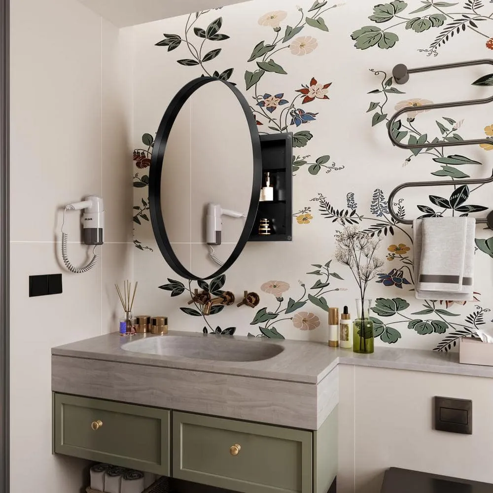 waterpar 31.5 in. W x 31.5 in. H Round Aluminum Medicine Cabinet with Mirror in Matte Black, photo 9 of 11