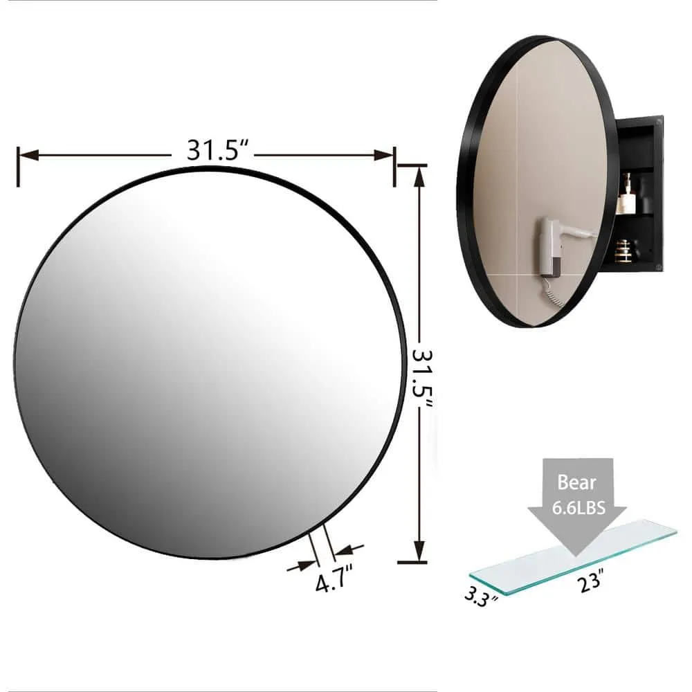 waterpar 31.5 in. W x 31.5 in. H Round Aluminum Medicine Cabinet with Mirror in Matte Black, photo 2 of 11