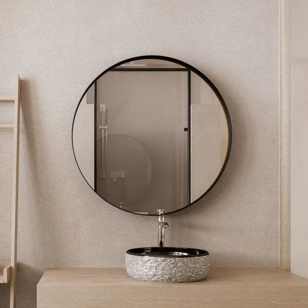 waterpar 31.5 in. W x 31.5 in. H Round Aluminum Medicine Cabinet with Mirror in Matte Black, photo 7 of 11