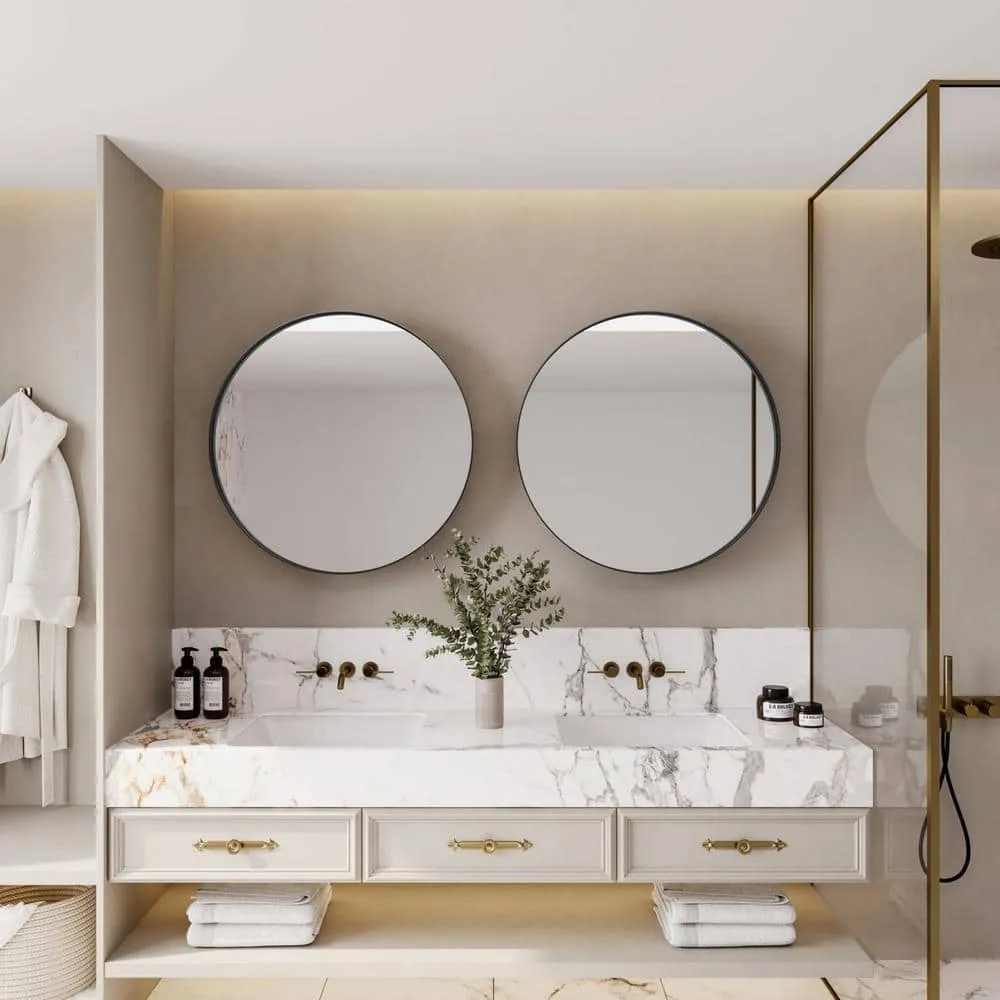 waterpar 31.5 in. W x 31.5 in. H Round Aluminum Medicine Cabinet with Mirror in Matte Black, photo 11 of 11