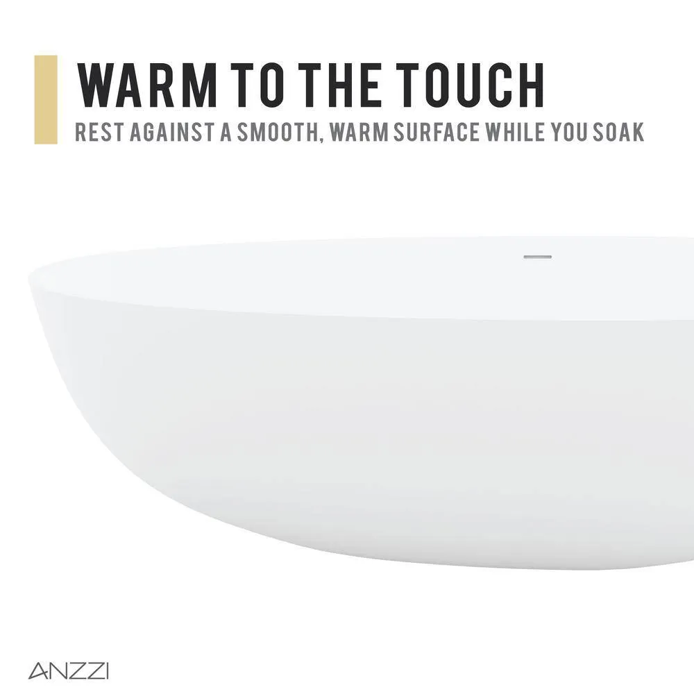 ANZZI Fiume 5.6 ft (67 in.) Man-Made Stone Center-Drain Freestanding Soaking Bathtub, Matte White, photo 11 of 12
