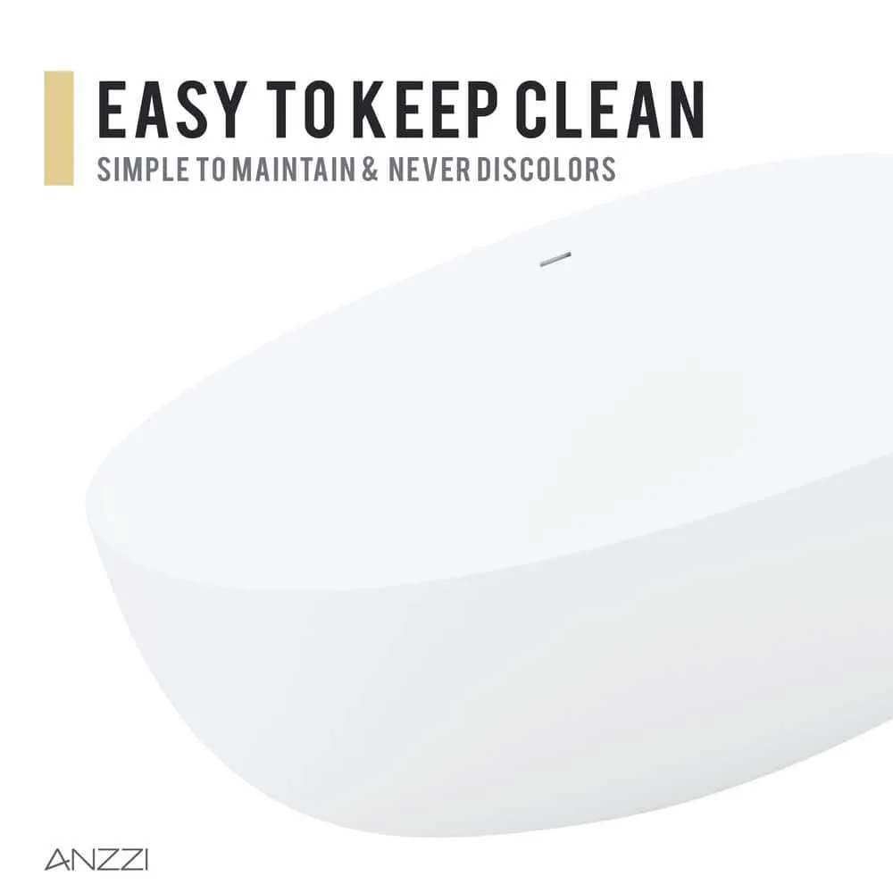 ANZZI Fiume 5.6 ft (67 in.) Man-Made Stone Center-Drain Freestanding Soaking Bathtub, Matte White, photo 12 of 12