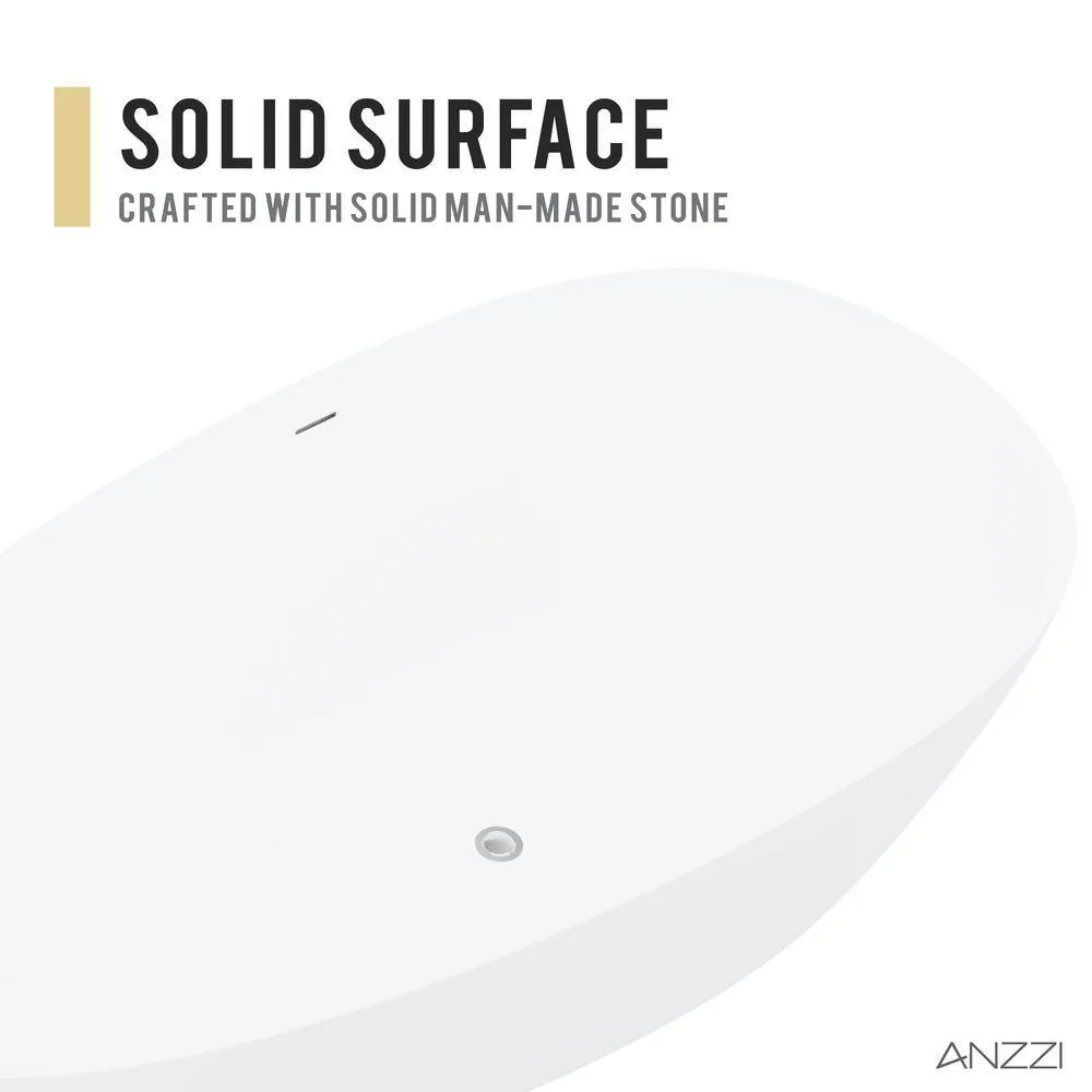 ANZZI Fiume 5.6 ft (67 in.) Man-Made Stone Center-Drain Freestanding Soaking Bathtub, Matte White, photo 10 of 12