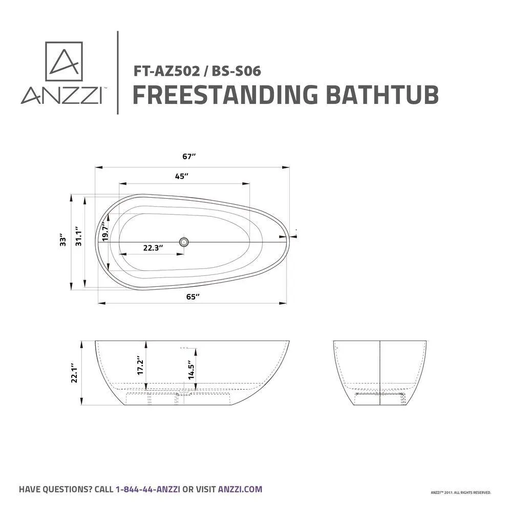ANZZI Fiume 5.6 ft (67 in.) Man-Made Stone Center-Drain Freestanding Soaking Bathtub, Matte White, photo 9 of 12