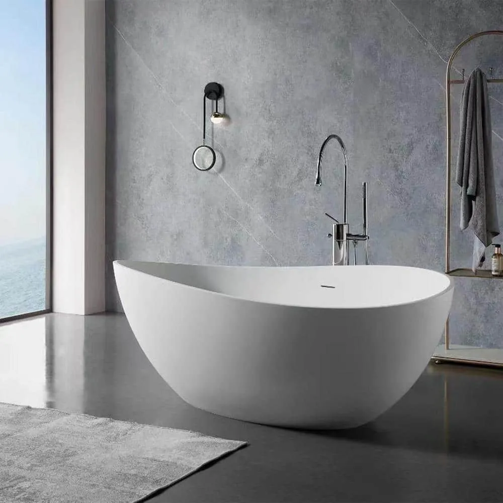 Vanity Art 63 in. L x 37.4 in. W Soaking Freestanding Stone Bathtub with Center Drain in White, photo 8 of 11