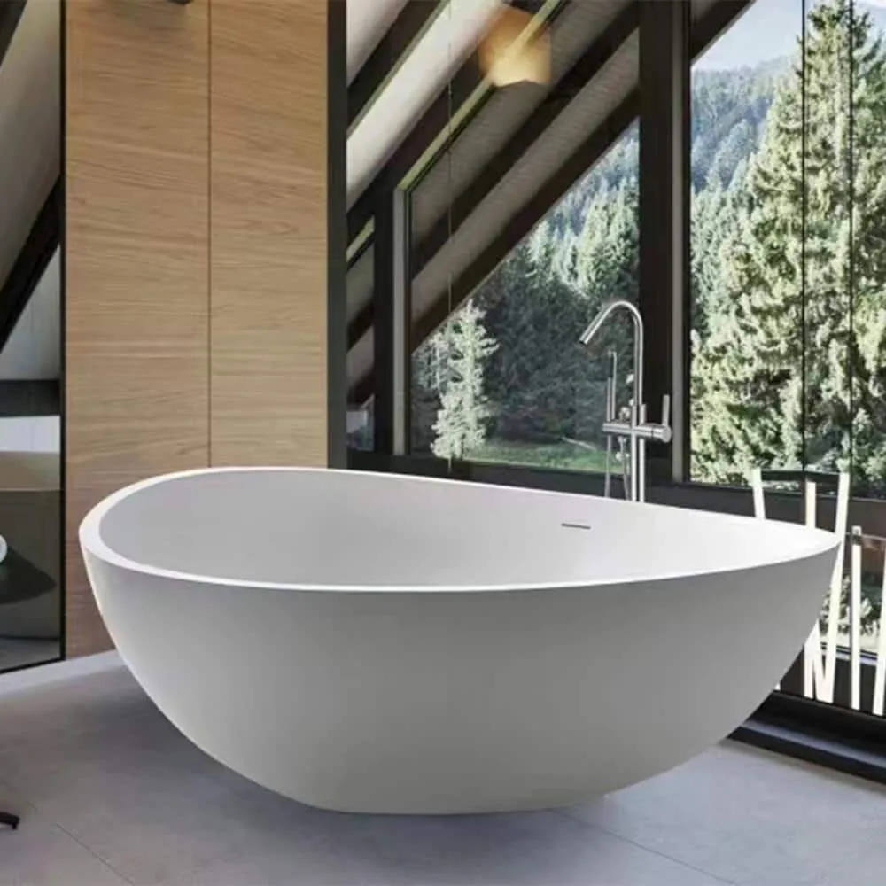 Vanity Art 63 in. L x 37.4 in. W Soaking Freestanding Stone Bathtub with Center Drain in White, photo 11 of 11