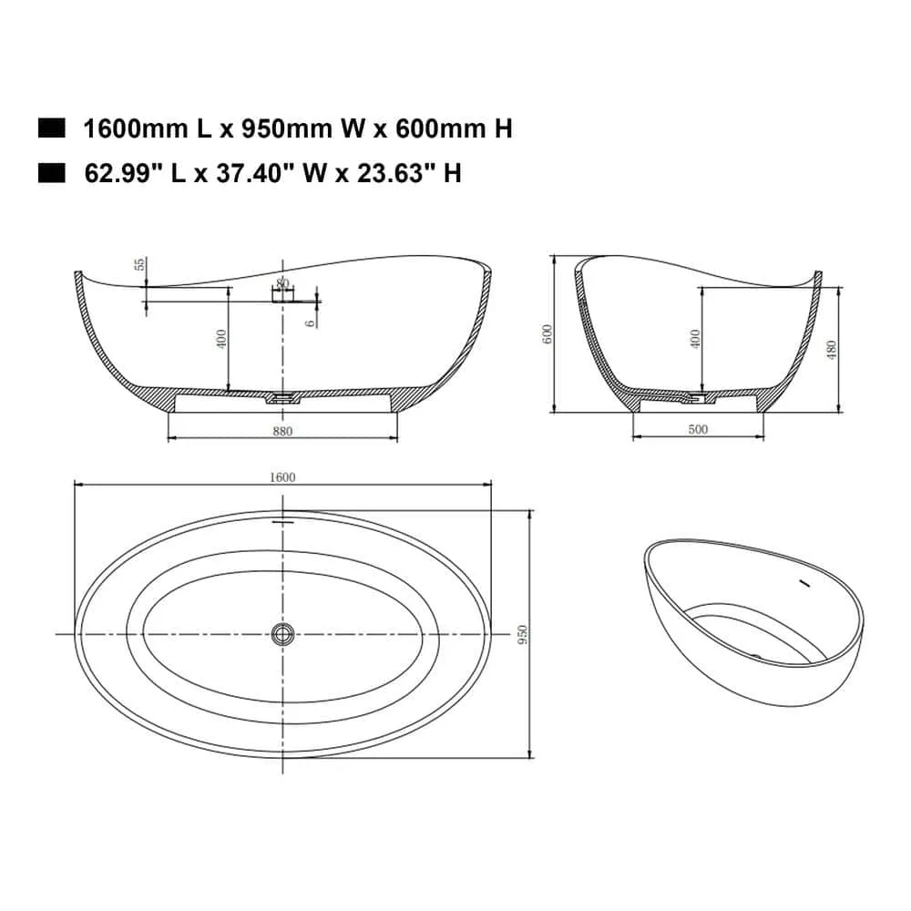 Vanity Art 63 in. L x 37.4 in. W Soaking Freestanding Stone Bathtub with Center Drain in White, photo 9 of 11