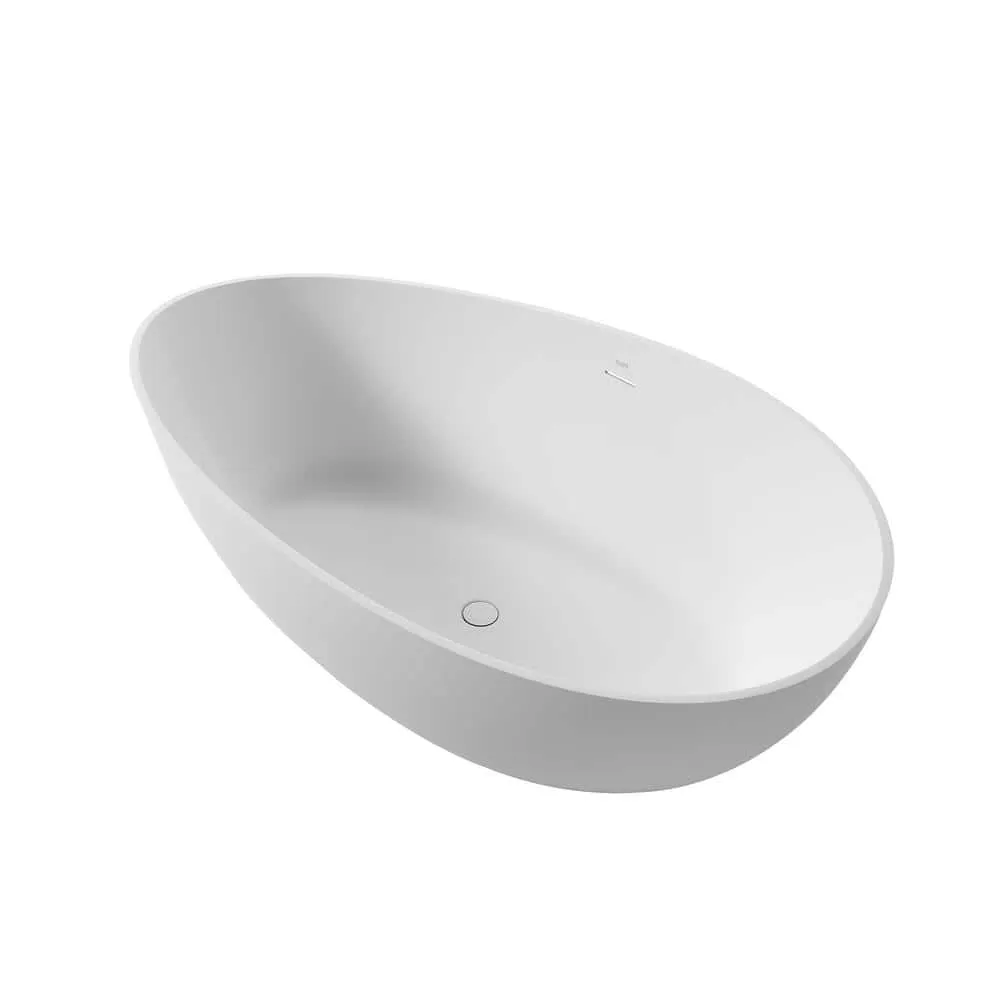 Vanity Art 63 in. L x 37.4 in. W Soaking Freestanding Stone Bathtub with Center Drain in White, photo 4 of 11