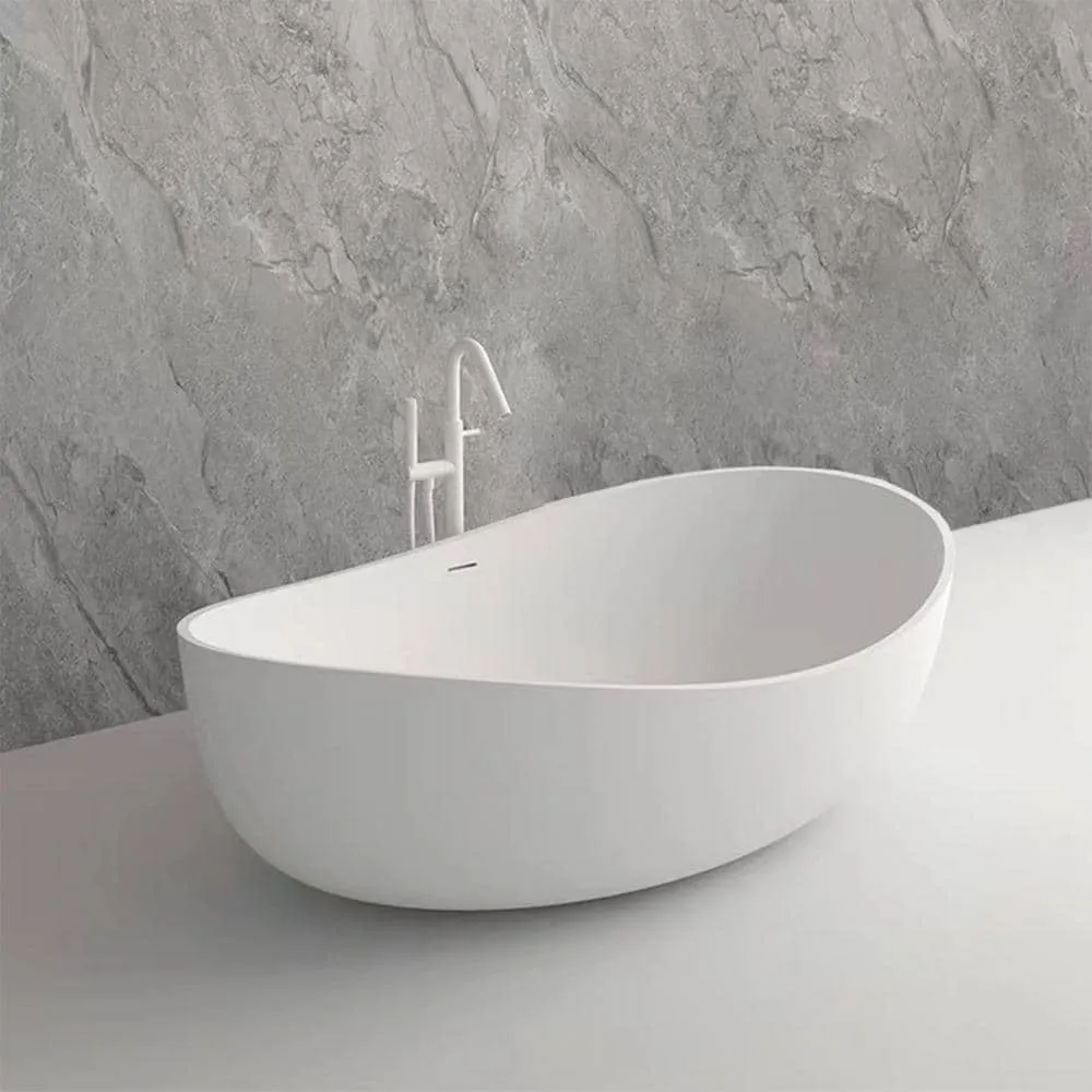 Vanity Art 63 in. L x 37.4 in. W Soaking Freestanding Stone Bathtub with Center Drain in White, photo 6 of 11
