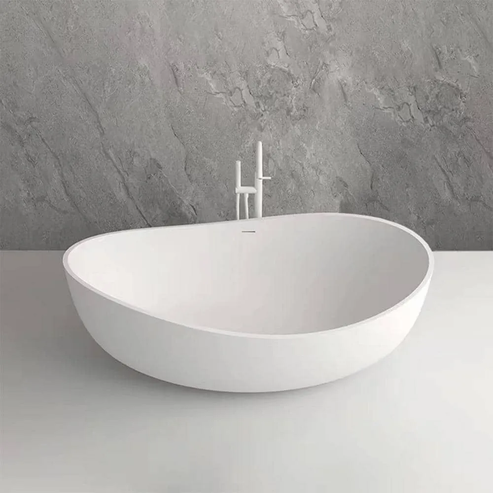 Vanity Art 63 in. L x 37.4 in. W Soaking Freestanding Stone Bathtub with Center Drain in White, photo 10 of 11