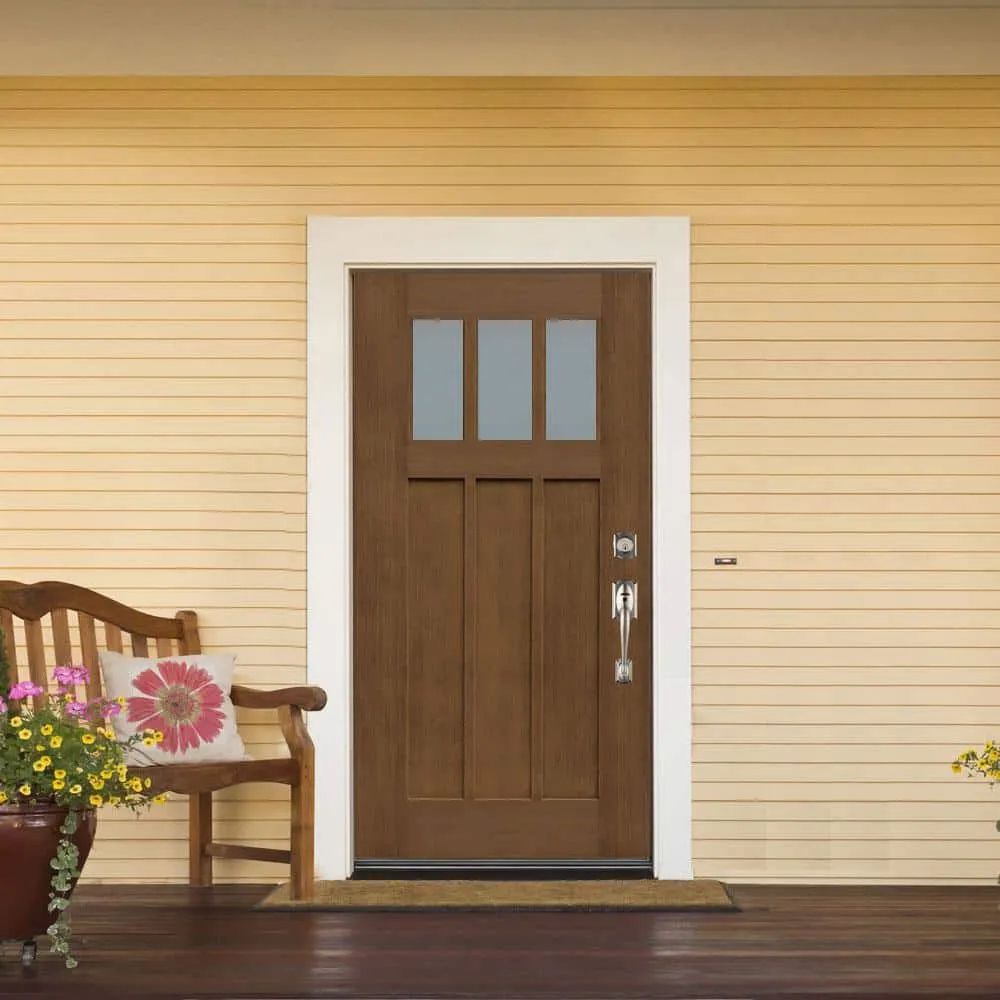 MP Doors 36 in. x 80 in. Medium Oak Left-Hand Inswing 3 Lite Frosted Craftsman Stained Fiberglass Prehung Front Door, photo 2 of 2