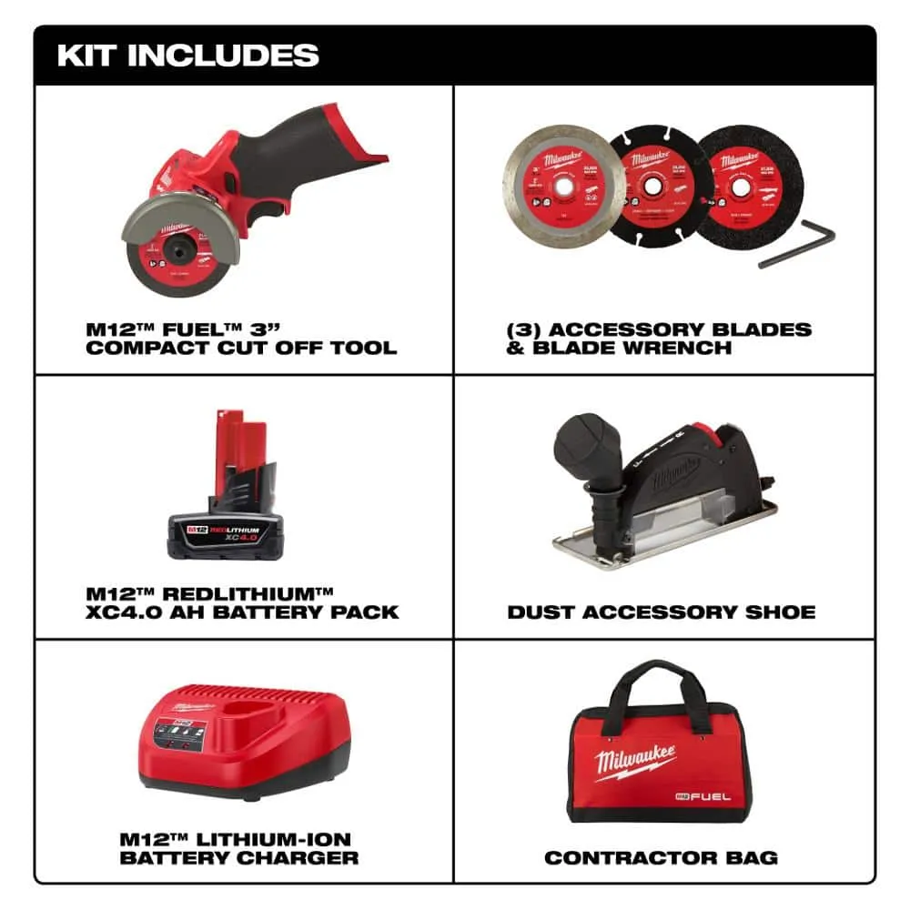 Milwaukee M12 FUEL 12V 3 in. Brushless Cordless Compact Cut Off Tool Kit with 4.0Ah Battery, Charger & Bag, photo 2 of 2