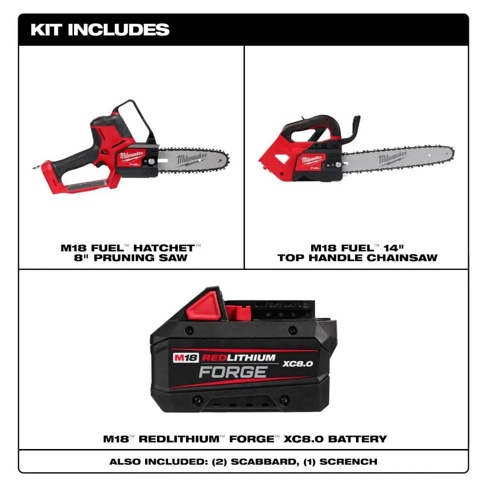 Milwaukee M18 FUEL 18V Brushless 8 in. HATCHET Pruning Saw w/M18 FUEL 14 in. Top Handle Chainsaw, (1) M18 FORGE 8.0 Ah Battery, photo 2 of 2