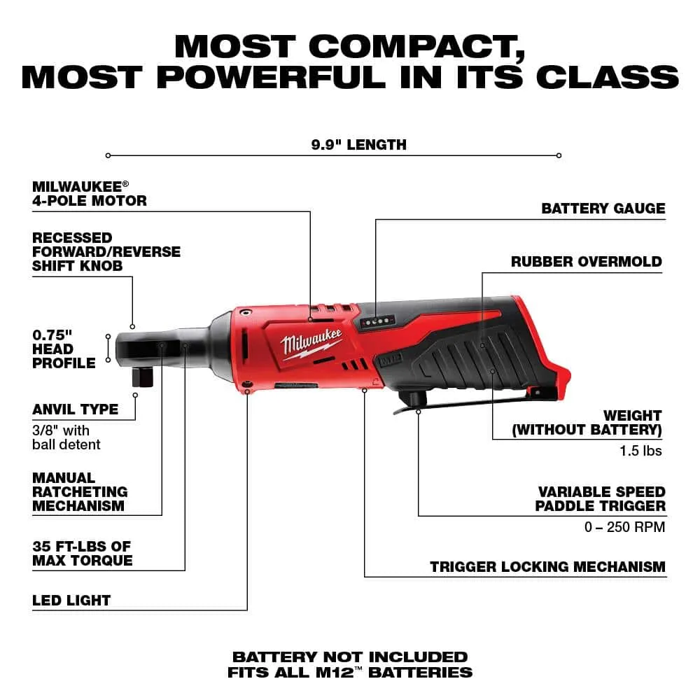 Milwaukee M12 12V Lithium-Ion Cordless 3/8 in. Ratchet with M12 Variable Speed Polisher/Sander and 6.0 Ah XC Battery Pack, photo 2 of 2