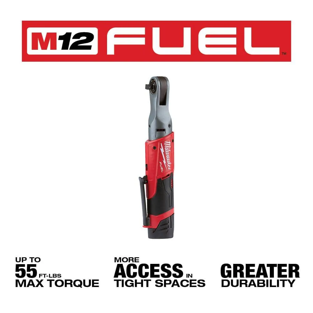 Milwaukee M12 FUEL 12V Lithium‑Ion Brushless 3/8 in. Cordless Ratchet Kit with (2) 2.0Ah Batteries, Charger, Bag & SAE Socket Set, photo 2 of 2