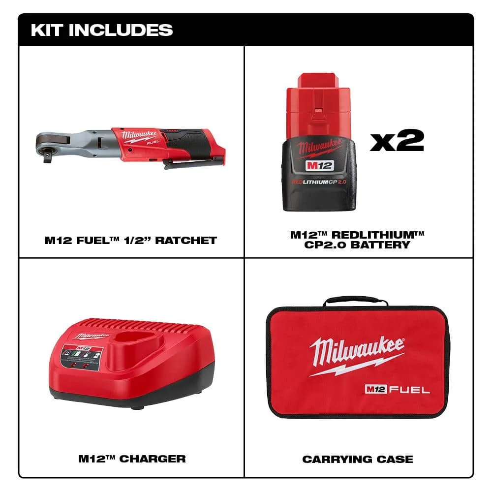 Milwaukee M12 FUEL 12V Lithium-Ion Brushless 1/2 in. Cordless Ratchet Kit with (2) 2.0Ah Batteries, Charger, Bag & SAE Socket Set, photo 2 of 2