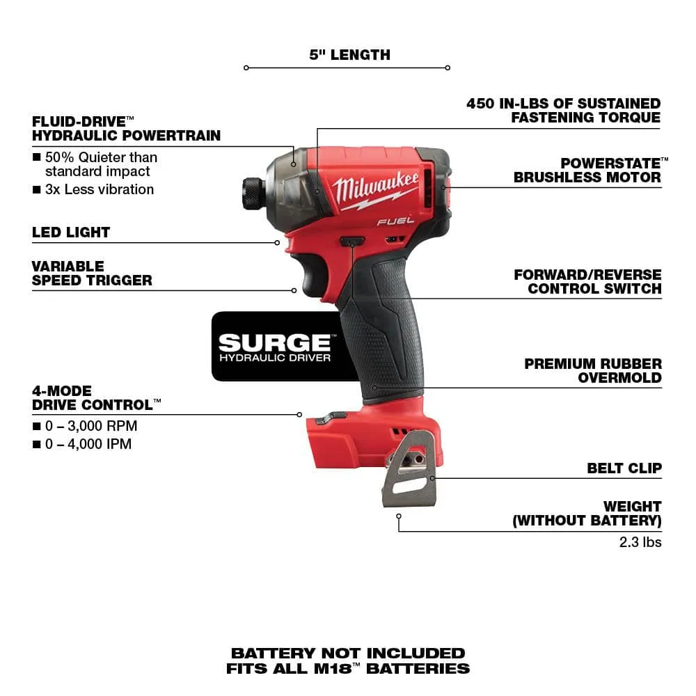Milwaukee M18 FUEL 18-Volt Lithium-Ion Brushless Cordless 1/2 in. Hammer Drill/Driver Kit + 1/4 in. SURGE Impact Driver (2904-22-2760-20), photo 2 of 2