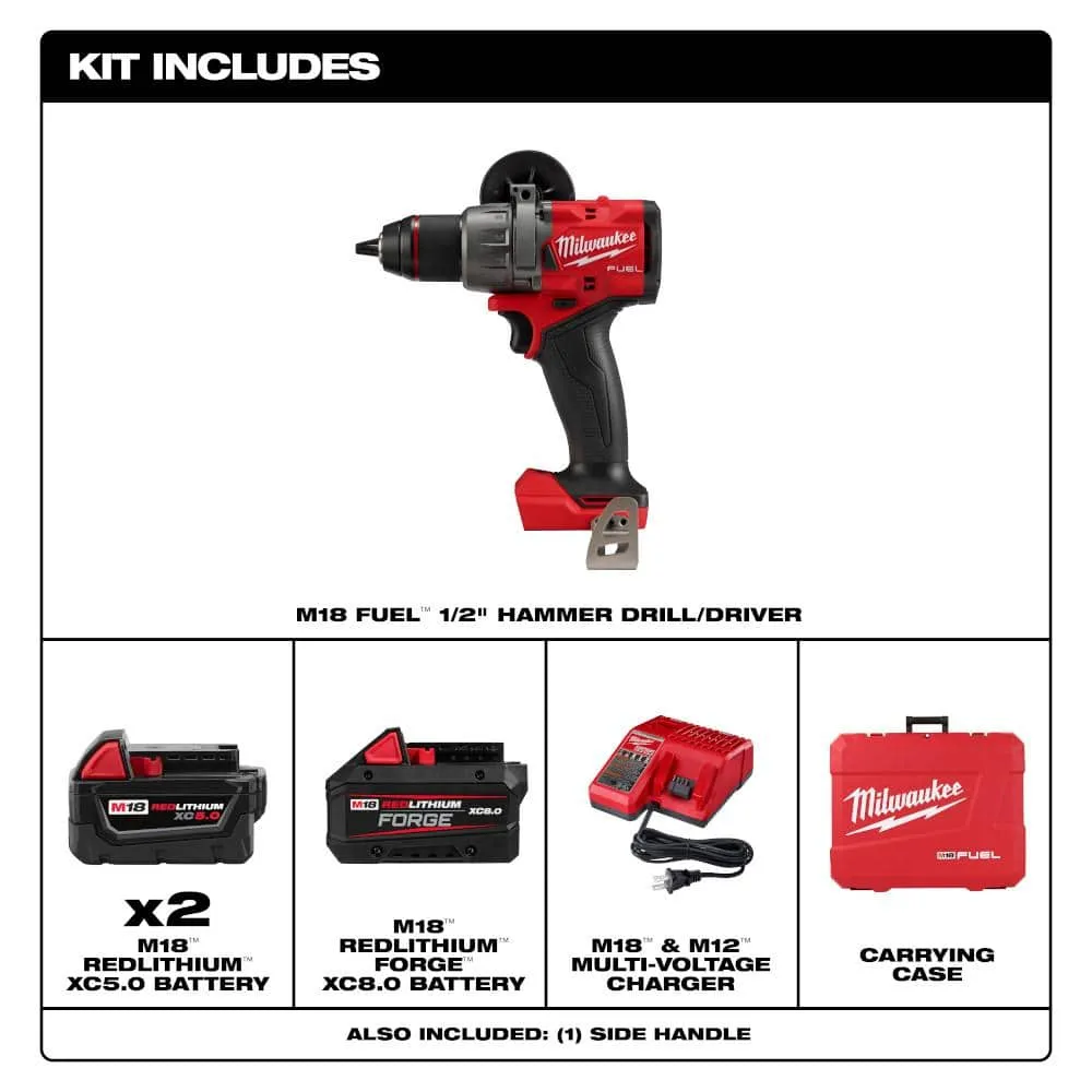 Milwaukee M18 FUEL 18V Lithium‑Ion Brushless Cordless 1/2 in. Hammer Drill/Driver Kit w/ (2) XC5.0 & (1) FORGE XC8.0 Batteries, Charger & Case, photo 2 of 2