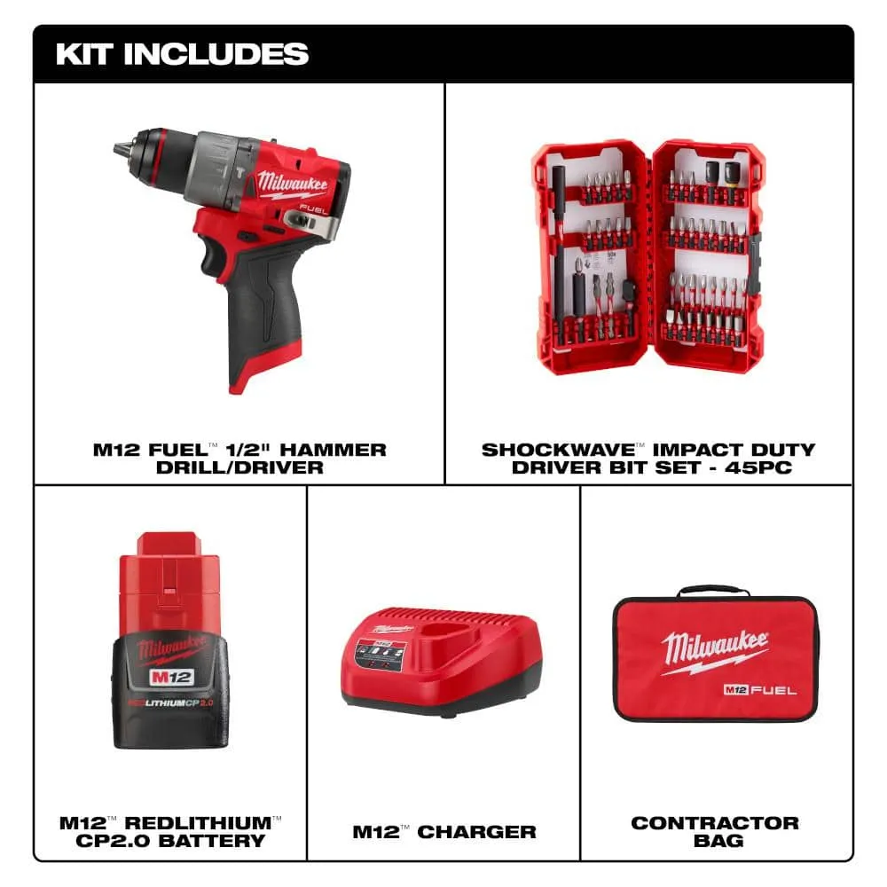 Milwaukee M12 FUEL 12-Volt Li-Ion Brushless Cordless 1/2 in. Hammer Drill Kit with CP 2.0Ah Battery, Charger & 45-Pc Shockwave Bit Set, photo 2 of 2