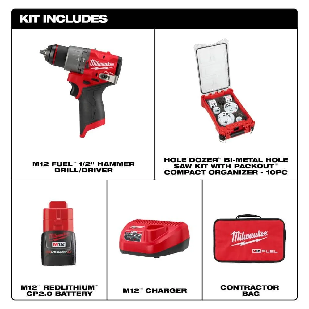 Milwaukee M12 FUEL 12-Volt Li-Ion Brushless Cordless 1/2 in. Hammer Drill with 2.0Ah Battery, Charger & PACKOUT Hole Saw Set (10-Pc), photo 2 of 2