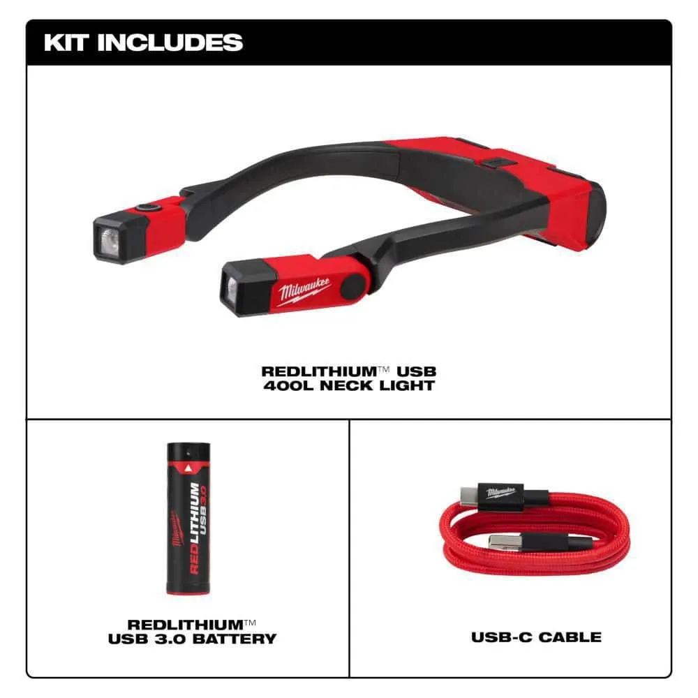 Milwaukee 400-Lumen REDLITHIUM USB Rechargeable Neck Light + 445-Lumen USB Rover Pocket Flood Light Kit (Model 2117-21/2112-21), photo 2 of 2