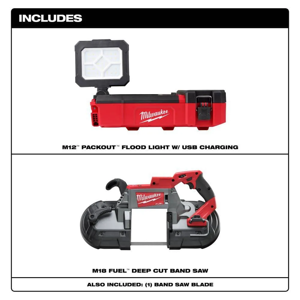 Milwaukee M12 12V Lithium-Ion Cordless PACKOUT Flood Light W/USB Charging and M18 FUEL Lithium-Ion Deep Cut Band Saw, photo 2 of 2