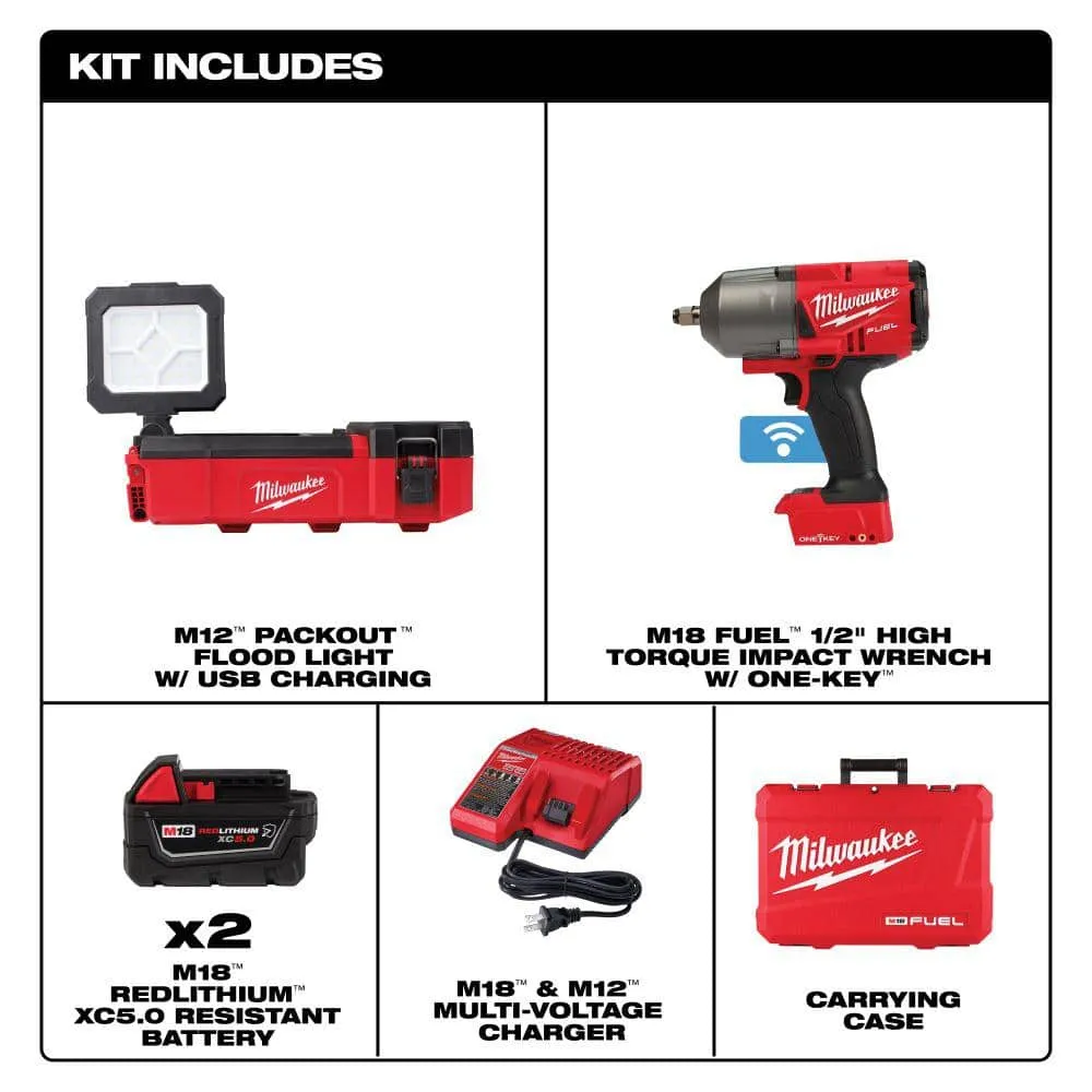 Milwaukee M12 12V Lithium-Ion Cordless PACKOUT Flood Light and M18 18V 1/2 in. High-Torque Impact Wrench with Friction Ring Kit, photo 2 of 2