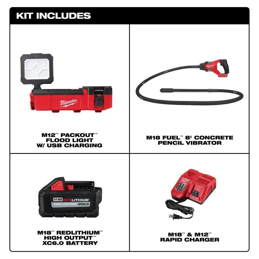 Milwaukee M12 12V Lithium-Ion Cordless PACKOUT Flood Light W/USB Charging and M18 FUEL 8 ft. Concrete Pencil Vibrator Kit, photo 2 of 2