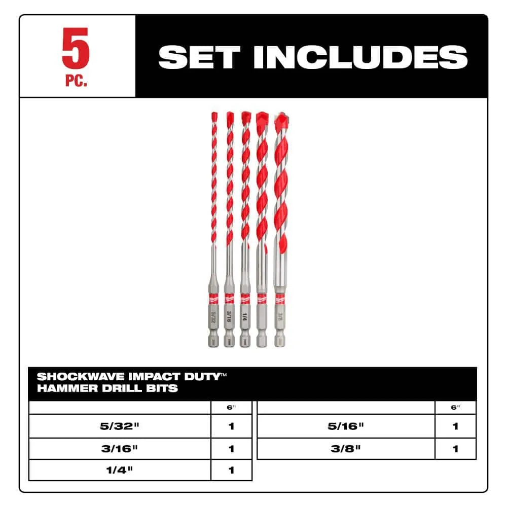 Milwaukee SHOCKWAVE Carbide Hammer Drill Bits Set, 5-Piece (48-20-9051), photo 2 of 2