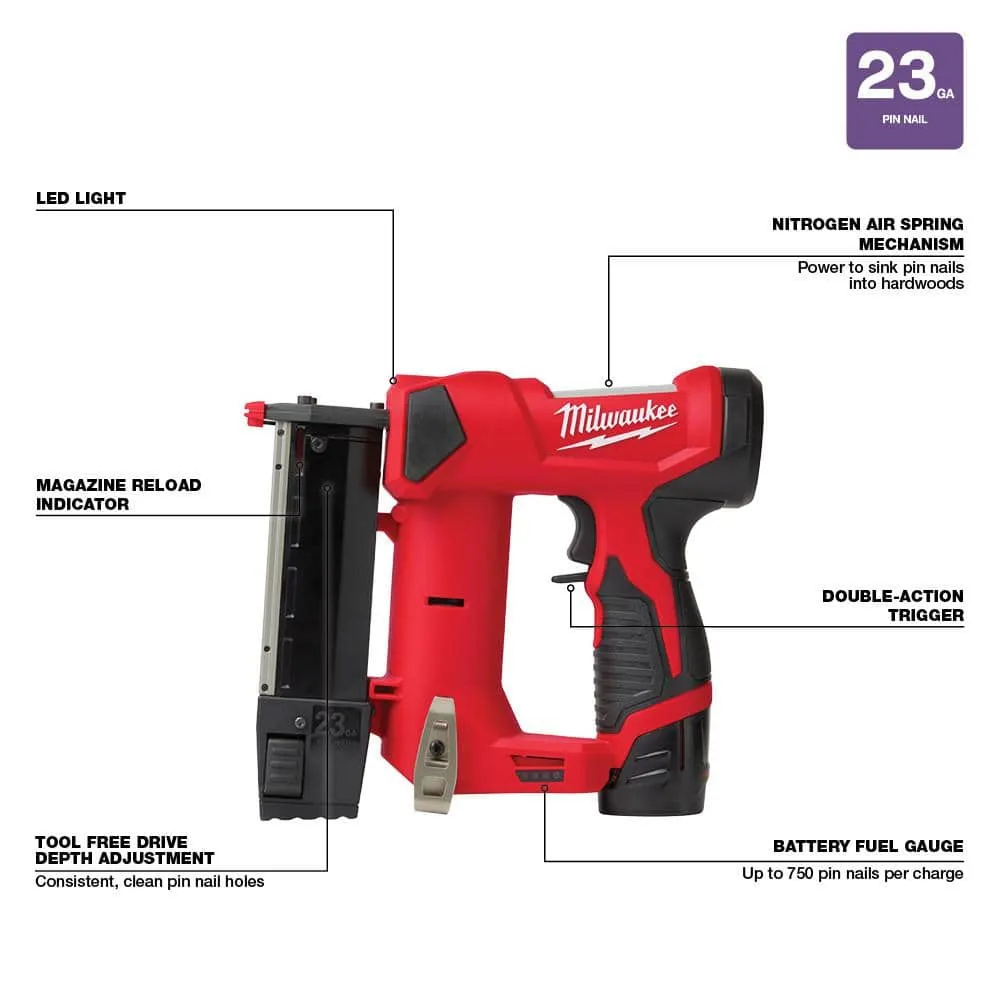 Milwaukee M12 12-Volt 23-Gauge Lithium-Ion Cordless Pin Nailer Kit with M12 12-Volt Lithium-Ion Cordless 3/8 in. Crown Stapler, photo 2 of 2