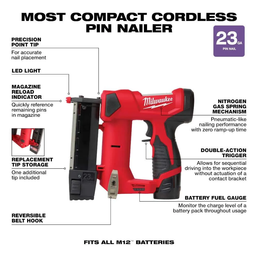 Milwaukee M12 12-Volt 23-Gauge Cordless Pin Nailer Kit with M12 FUEL 4-in-1 Installation 3/8 in. Drill Driver, photo 2 of 2