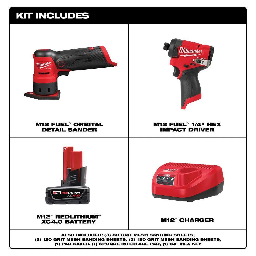 Milwaukee M12 FUEL 12-Volt Lithium-Ion Brushless Cordless Detail Sander & M12 FUEL 1/4 in. Hex Impact Driver w/Battery & Charger, photo 2 of 2