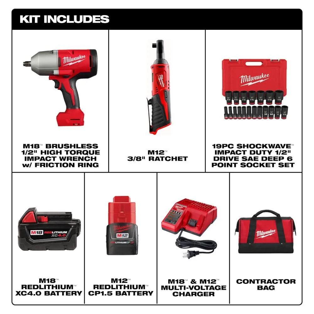 Milwaukee M12/M18 12/18V Li-Ion Cordless 3/8 in. Ratchet & 1/2 in. Brushless Impact Wrench Combo Kit with 19‑Piece 1/2 in. Drive SAE Deep Socket Set, photo 2 of 2