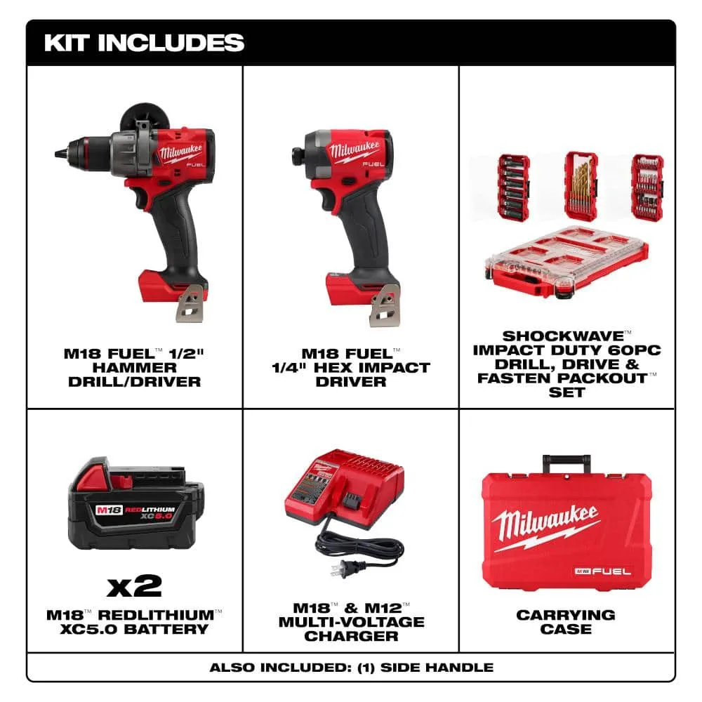 Milwaukee M18 FUEL 18V Li‑Ion Brushless Cordless Hammer Drill & Impact Driver Combo Kit with 2 Batteries and PACKOUT Bit Set (60‑Pc), photo 2 of 2