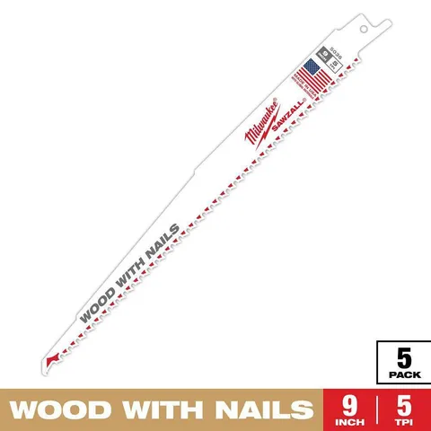 9" 5 TPI wood-with-nails reciprocating saw blades (5-pack)