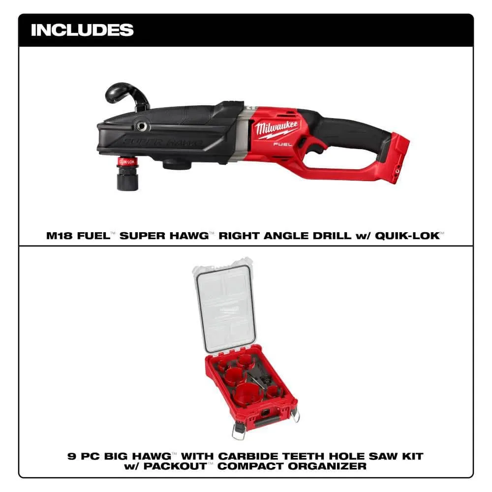Milwaukee M18 FUEL 18-Volt Lithium-Ion Brushless Cordless GEN 2 SUPER HAWG 7/16 in. Right Angle Drill with 9pc PACKOUT Hole Saw Kit, photo 2 of 2