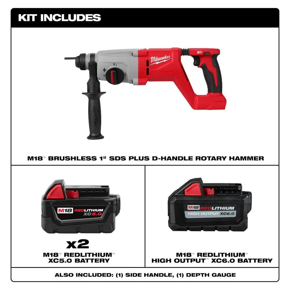 Milwaukee M18 18V Brushless Cordless 1 in. SDS‑Plus D‑Handle Rotary Hammer Kit w/ (1) High Output 6.0Ah & (2) 5.0Ah Batteries, photo 2 of 2