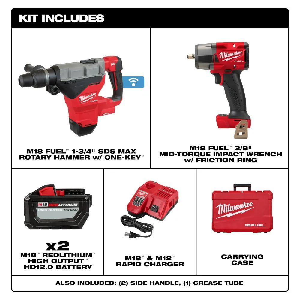 Milwaukee M18 FUEL 18V Lithium-Ion Brushless 1-9/16 in. SDS-Max Rotary Hammer Kit with 2 Batteries & M18 3/8 in. Impact Wrench, photo 2 of 2