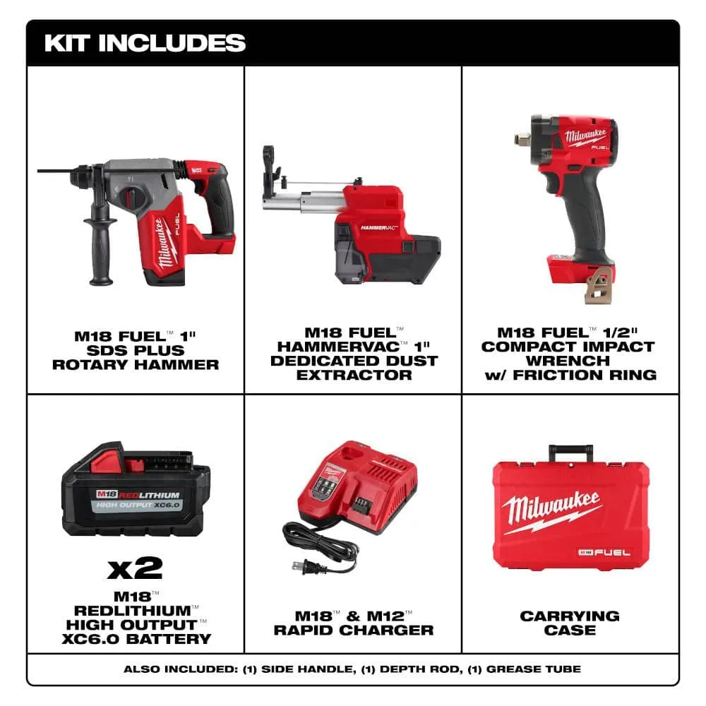 Milwaukee M18 FUEL 18V Lithium-Ion Brushless 1 in. Cordless SDS-Plus Rotary Hammer Kit with 1/2 in. Compact Impact Wrench, photo 2 of 2