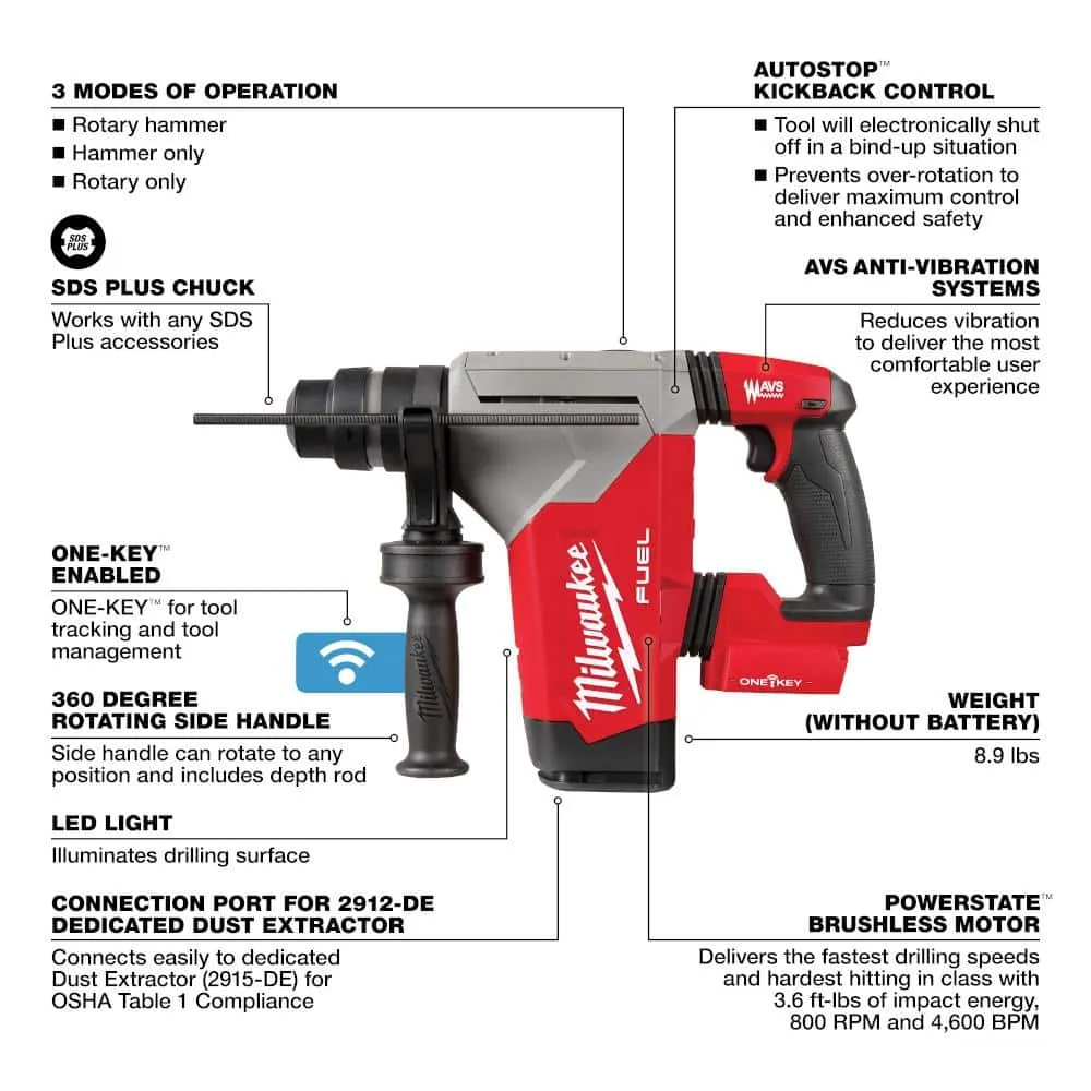 Milwaukee M18 FUEL 18V Lithium-Ion Brushless Cordless SDS-Plus 1-1/8 in. Rotary Hammer Drill w/1 in. SDS-PLUS Rotary Hammer, photo 2 of 2