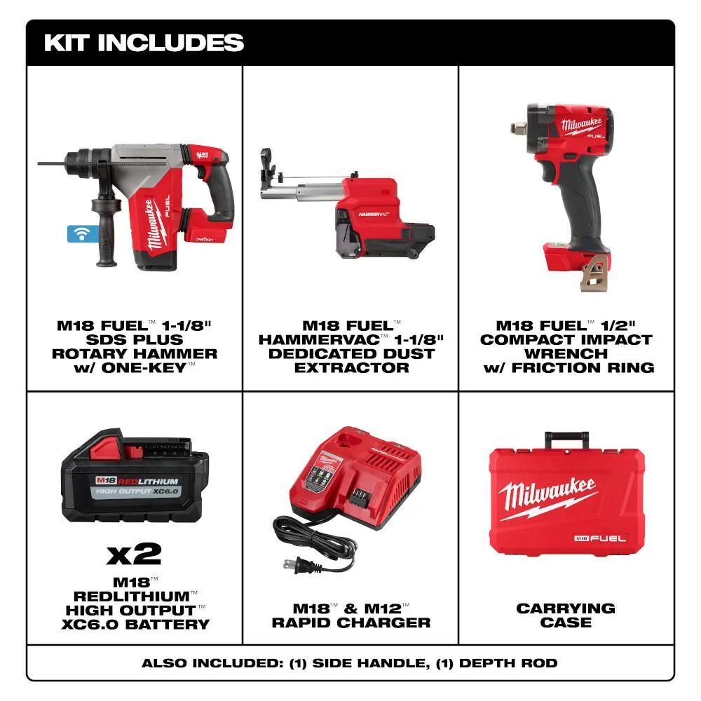 Milwaukee M18 FUEL 18V Lithium-Ion Brushless 1-1/8 in. Cordless SDS-Plus Rotary Hammer Kit with Dust Extractor, 2 XC6.0 Batteries, Rapid Charger & M18 FUEL Impact Wrench, photo 2 of 2