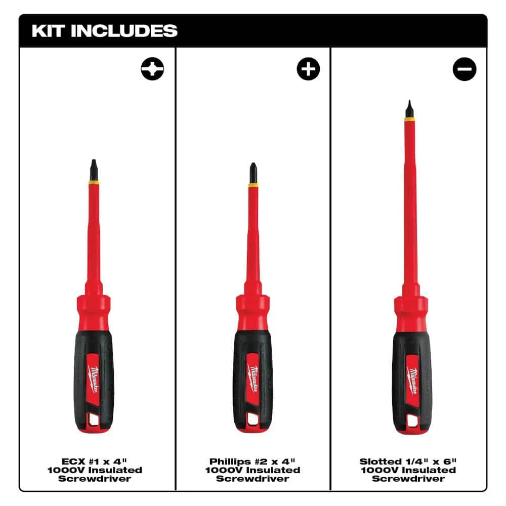 Milwaukee 48-22-2202 1000-Volt Insulated Screwdriver Set, 3-Piece (Slotted 1/4" x 6", Phillips #2 x 4", ECX #1 x 4"), photo 2 of 2