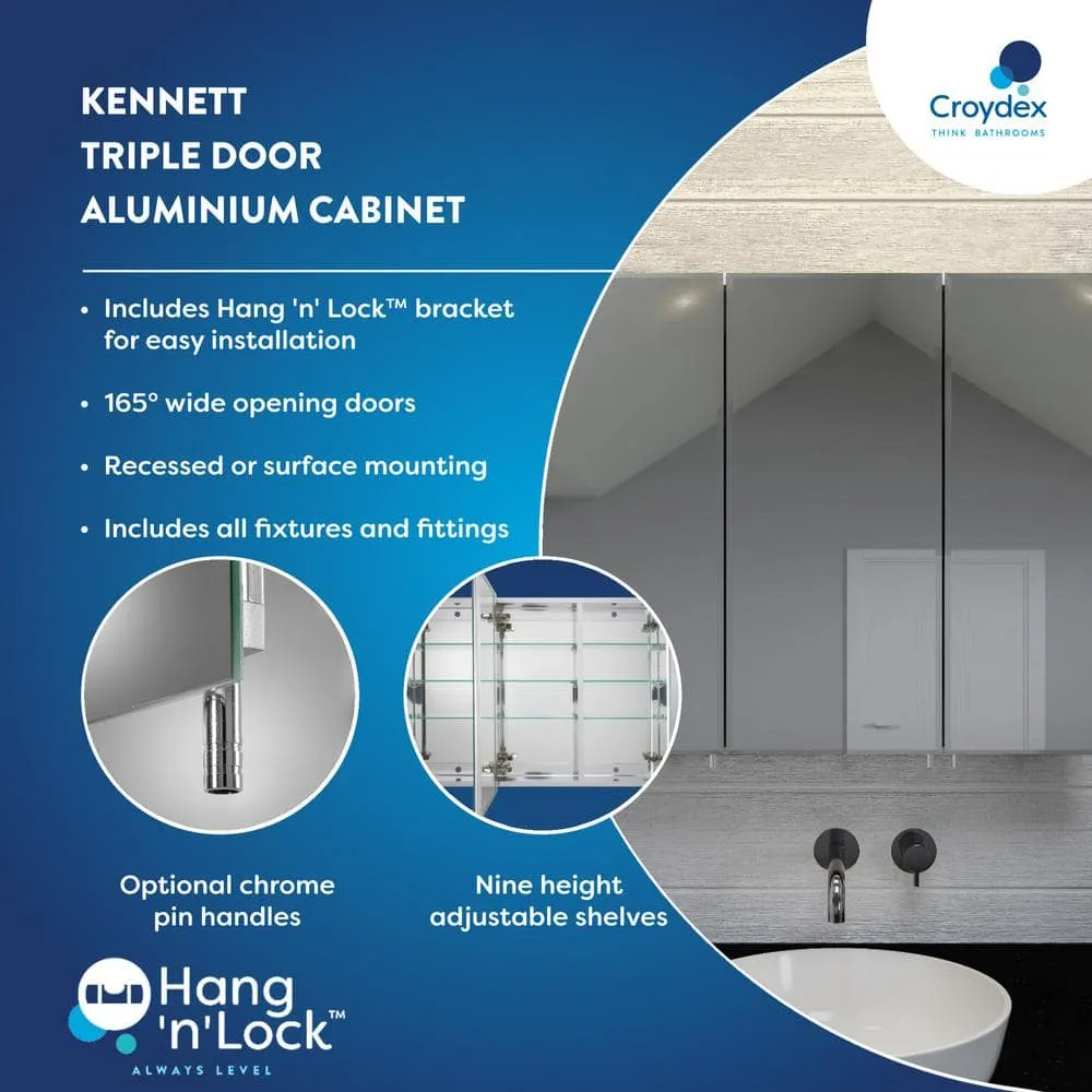 Croydex 36 in. W x 26 in. H x 5-1/4 in. D Frameless Aluminum Recessed or Surface-Mount Medicine Cabinet with Easy Hang System, photo 7 of 8