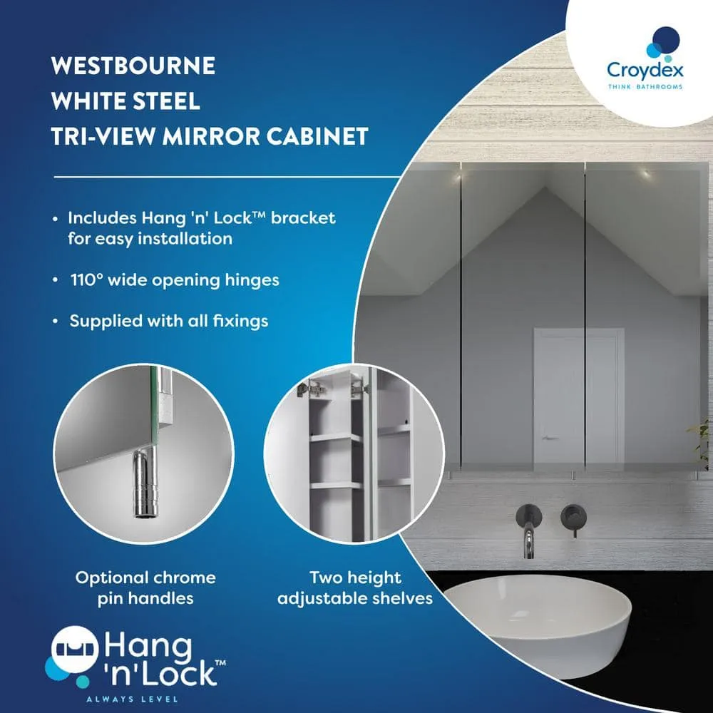 Croydex 36 in. W x 30 in. H x 5-1/4 in. D Frameless Tri-View Surface-Mount Medicine Cabinet with Easy Hang System in White, photo 6 of 7