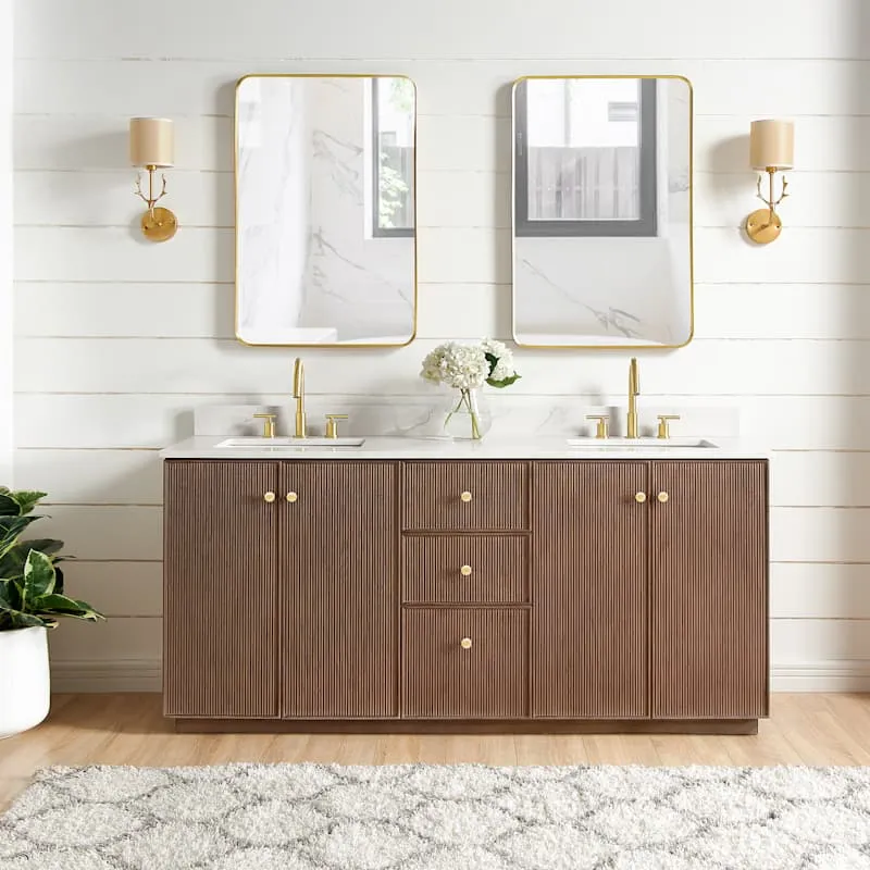Miseno Oza 72" Free Standing Double Basin Bathroom Vanity Set with Cabinet and Quartz Top – Aged Dark Brown Oak, photo 8 of 8