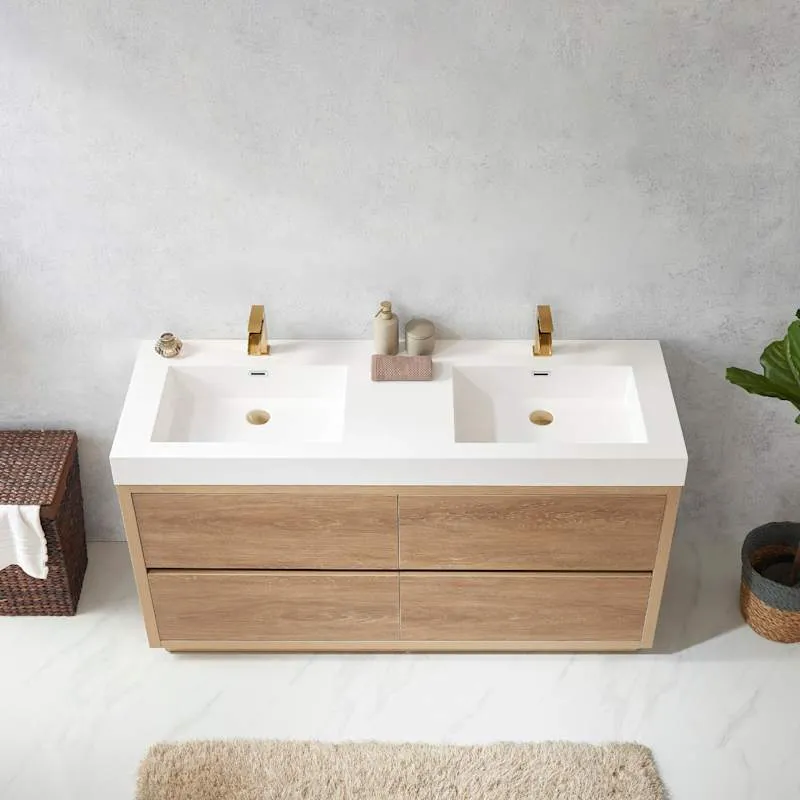Miseno Huesca 60-in Freestanding Double Sink Bathroom Vanity, North American Oak, Stone Composite Top, photo 4 of 5